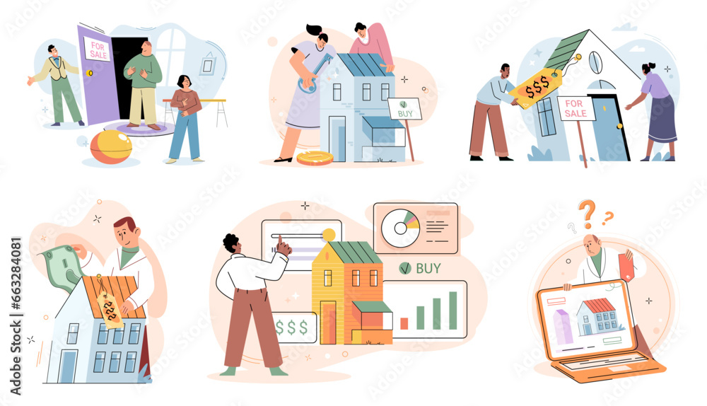 Buying and choosing housing. Vector illustration The estate agent guided buyer through purchasing process Investing in real estate was popular choice The property had modern design and aesthetic Buying and choosing housing. Vector illustration The estate agent guided buyer through purchasing process Investing in real estate was popular choice The property had modern design and aesthetic