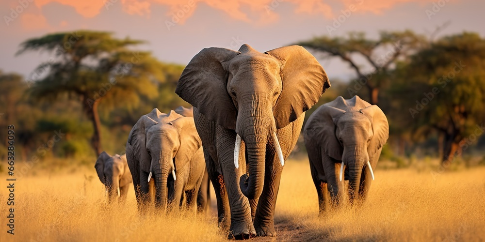 a herd of elephants in the wild - obrazy, fototapety, plakaty 