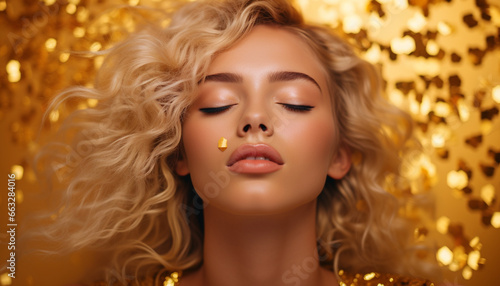 portrait of a beautiful enjoying young woman with closed eyes, golden confetti and perfect skin