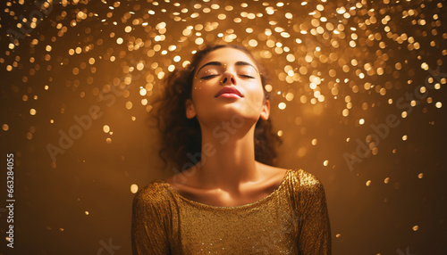 portrait of a beautiful enjoying young woman with closed eyes, golden confetti and perfect skin photo