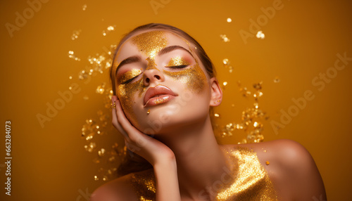 portrait of a beautiful enjoying young woman with closed eyes, golden confetti and perfect skin photo