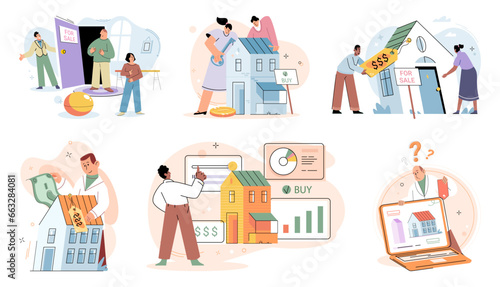Buying and choosing housing. Vector illustration The estate agent guided buyer through purchasing process Investing in real estate was popular choice The property had modern design and aesthetic