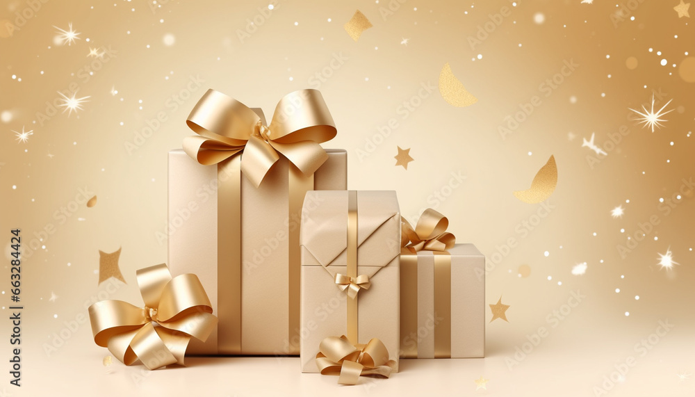 gold gift box with ribbon and bow on beige background with empty copy space gold gift box with ribbon and bow on beige background with empty copy space