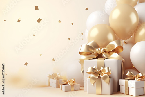 gold gift box with ribbon and bow with balloons on beige background with empty copy space
