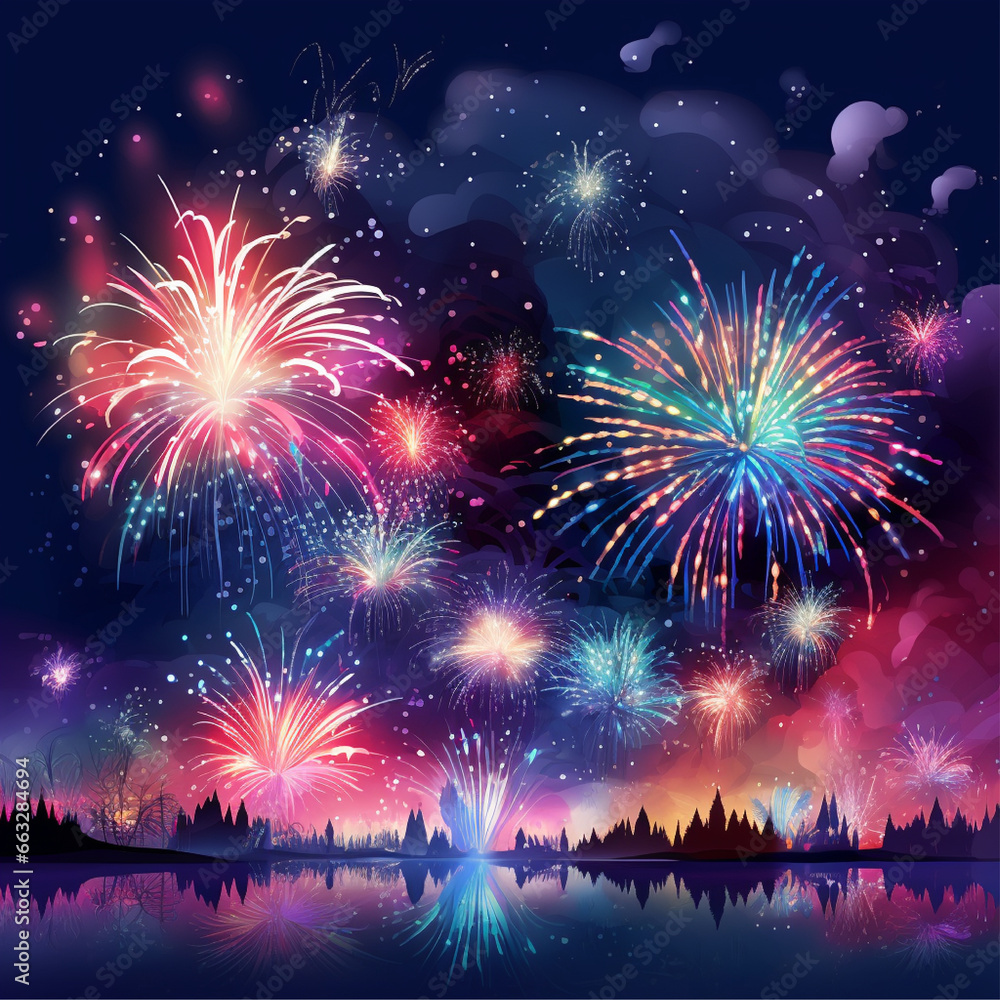fireworks show composition, colorful fireworks on a purple background with color flares, fireworks celebration background - obrazy, fototapety, plakaty 