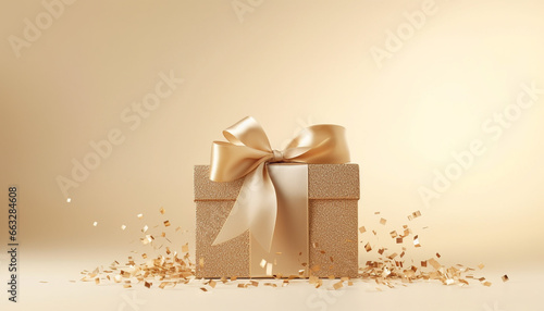 gold gift box with ribbon and bow on beige background with empty copy space