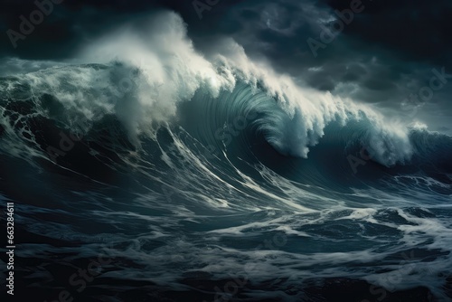 Giant Tsunami Waves Under Dark Stormy Sky, Portraying Perfect Storm Scenario