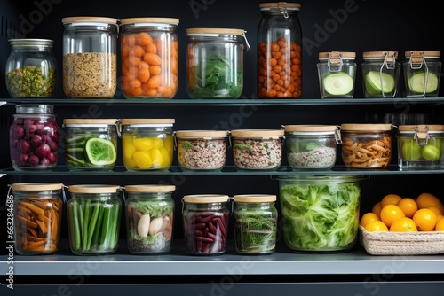 Glass Containers And Cans Filled With Fresh Food, Emphasizing Refrigerator Storage And Decanting