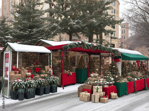 Mercadillo de Navidad en una calle nevada. Vista de frente y de cerca.  IA Generativa
