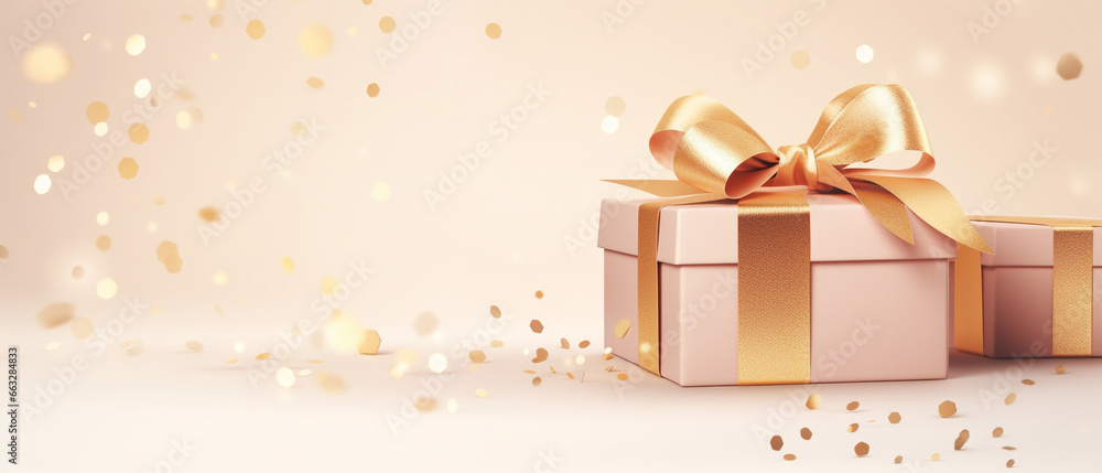 golden pink gift box with ribbon and bow on beige background with empty copy space golden pink gift box with ribbon and bow on beige background with empty copy space