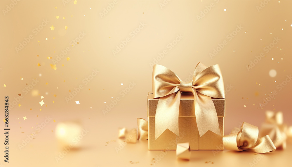 gold gift box with ribbon and bow on beige background with empty copy space gold gift box with ribbon and bow on beige background with empty copy space