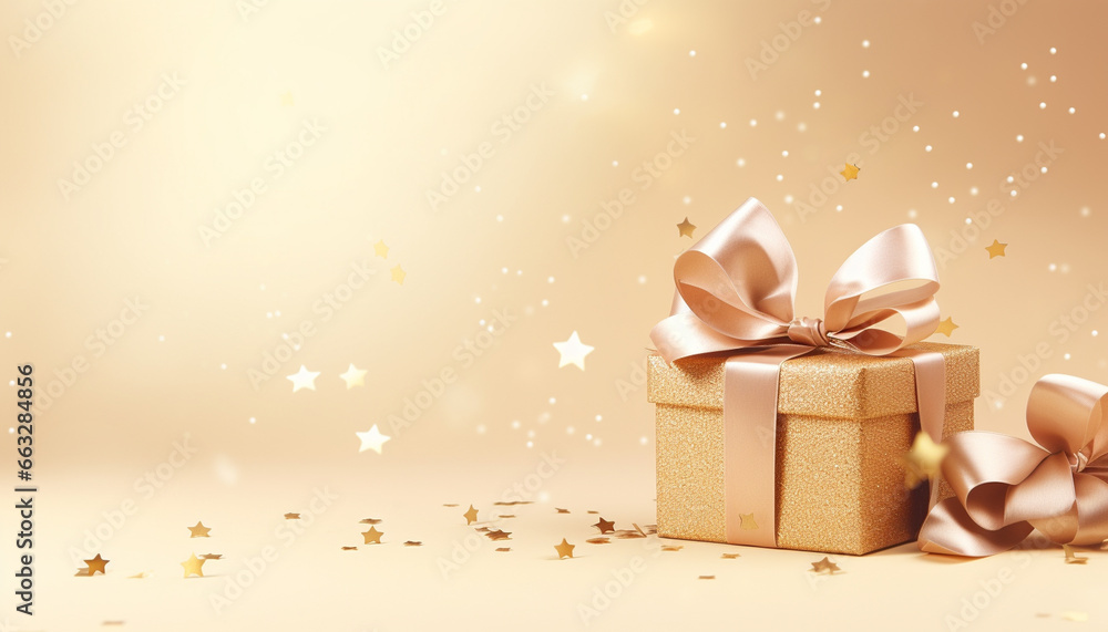 gold gift box with ribbon and bow on beige background with empty copy space gold gift box with ribbon and bow on beige background with empty copy space