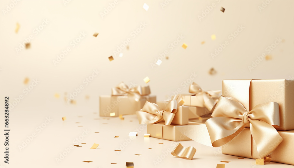 gold gift box with ribbon and bow on beige background with empty copy space - obrazy, fototapety, plakaty 