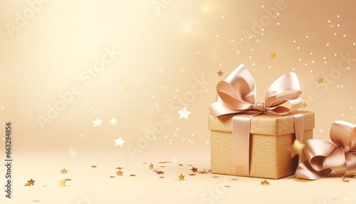 gold gift box with ribbon and bow on beige background with empty copy space © RJ.RJ. Wave