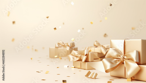 gold gift box with ribbon and bow on beige background with empty copy space photo