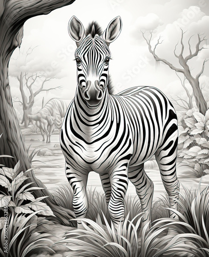 Black and white illustration for coloring animals  zebra.