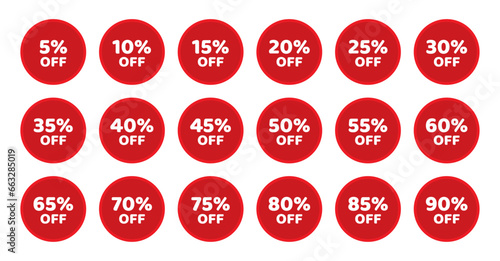 Discount offer sale stickers in red color. Discount sale off tag, 50, 20, 10, 40, 30, 60, 70, 45, 90, 5, 15 percent. Set sale offer emblem, badge price discount number. Flat offer stamp, sticker