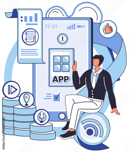 Application testing metaphor. Vector illustration. App test, rehearsal stage before actual performance Software testing, gatekeeper ensuring no bugs pass quality threshold Application testing