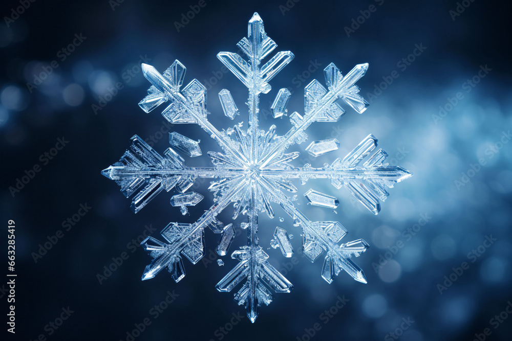 Detail of snowflakes in front of winter landscape, snowflakes closeup illustration background Detail of snowflakes in front of winter landscape, snowflakes closeup illustration background