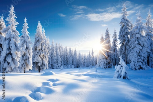 Majestic White Spruces Illuminated By Sunlight In Stunning Winter Landscape Scene © Anastasiia
