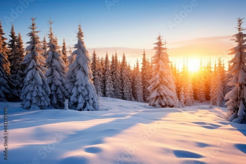Majestic White Spruces Illuminated By Sunlight In Stunning Winter Landscape Scene © Anastasiia