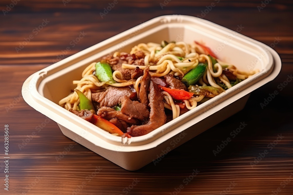 Noodles With Pork And Vegetables In Takeout Box Placed On Wooden Table Noodles With Pork And Vegetables In Takeout Box Placed On Wooden Table