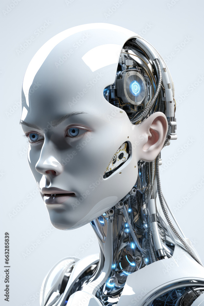 White female humanoid robot invention on white background White female humanoid robot invention on white background