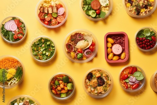 Numerous Containers Filled With Delicious Food On Colorful Background
