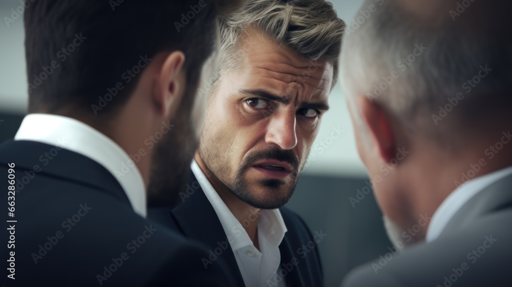 Business men discussing a problem at a conference with focus of incredulous look of a man Business men discussing a problem at a conference with focus of incredulous look of a man
