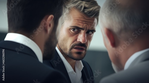Business men discussing a problem at a conference with focus of incredulous look of a man photo