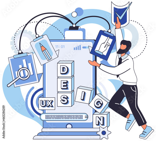 User experience design. Vector illustration. User experience design, strategy that shapes user interface UX, orchestrator ensuring seamless user interface navigation Designing software