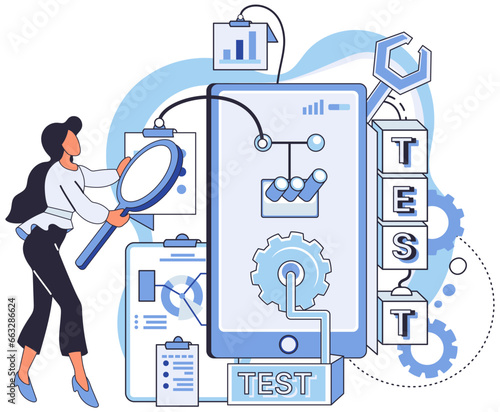 Application testing metaphor. Vector illustration. Application testing, crucible where coding errors are uncovered and rectified App test, sandbox for validating apps functionality Software testing