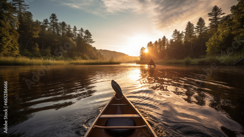 Adventurers are sailing down the river on a wooden canoe