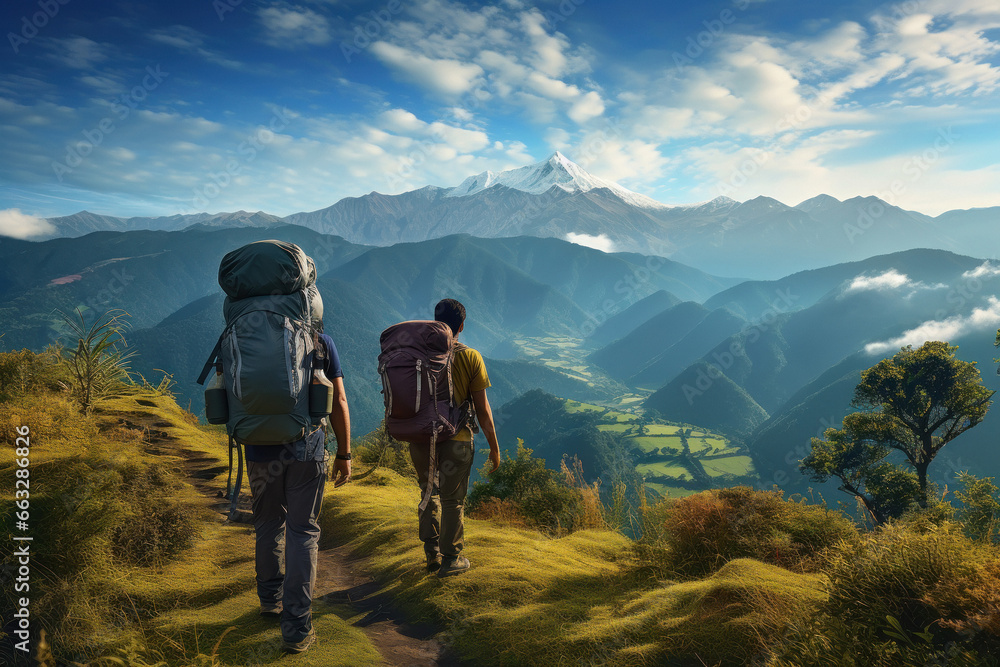 Fototapeta premium Tourists walking in the mountains with big backpacks