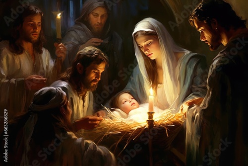 Nativity scene vertep, religious concept, Star of Bethlehem. Birth of the Son of God, Jesus Christ, the Virgin Mary Joseph . Christian Christmas. Bible, Miracle. Holy Family. photo