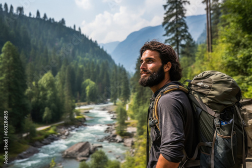 Hiker with backpack mountaineering