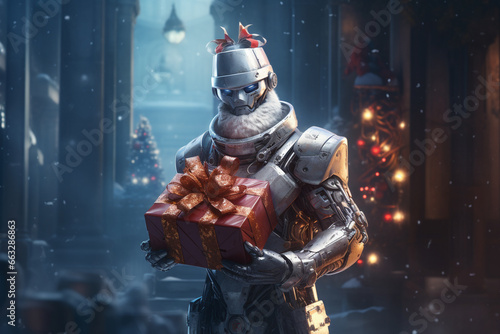 robot with gift and Christmas tree
