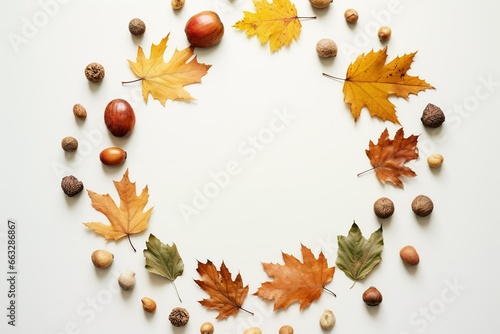 Autumn leaves are arranged into a circular pattern with nuts and berries on top