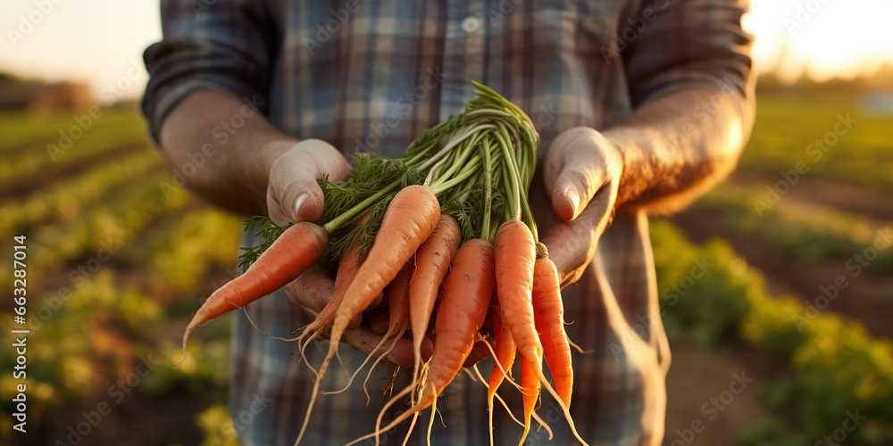 a farmer holds harvested carrots - obrazy, fototapety, plakaty 