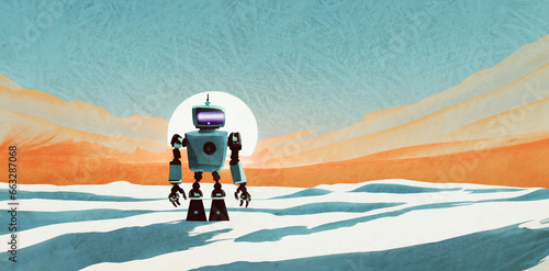illustrazione di vecchio robot meccanico fermo in una distesa di neve al tramonto photo