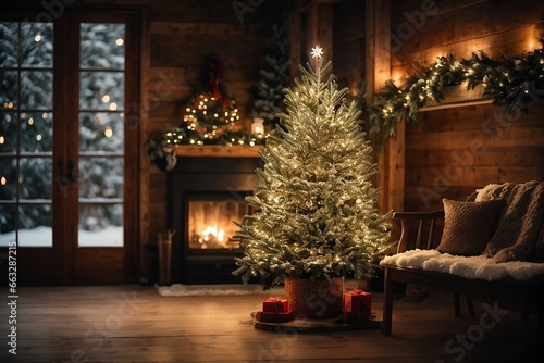 Shining Christmas tree in a Christmas decorated room with burning fireplaces in a wooden house photo