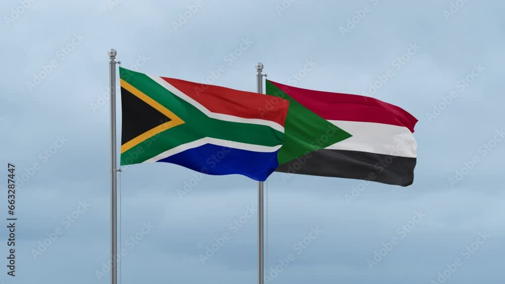 Sudan and South Africa flag waving together on cloudy sky, endless seamless loop, two country cooperation concept Sudan and South Africa flag waving together on cloudy sky, endless seamless loop, two country cooperation concept