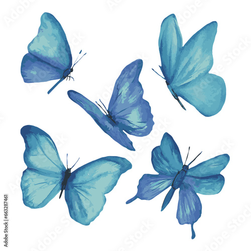 Watercolor set with blue butterfly. Hand drawn illustration on white background