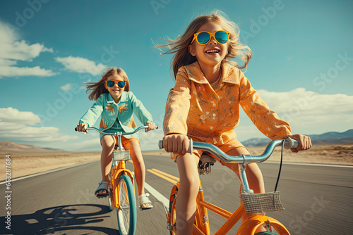 Happy two girls ride a bike together in the park on a summer day, promoting a healthy and active lifestyle. © Iryna