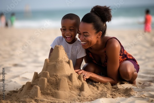Family, mother and child enjoying a sunny day on the beach, building sand castles. photo