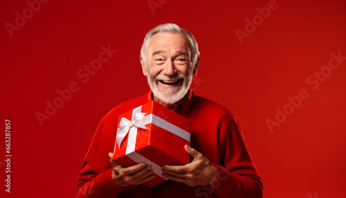 happy old man with gift on red background with copy space © RJ.RJ. Wave