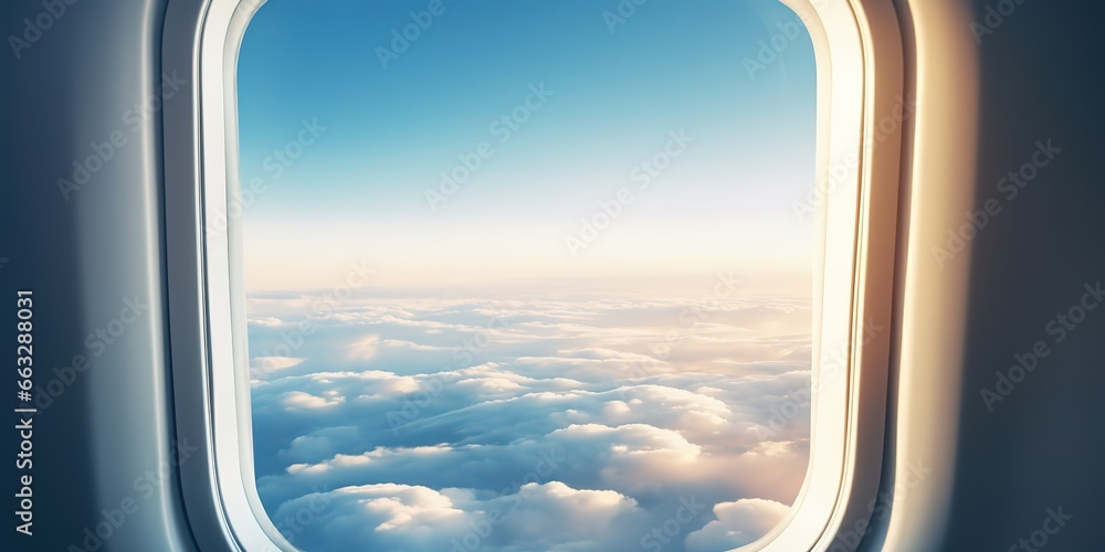 The view from the plane window, the view of bright clouds and blue sky is very beautiful