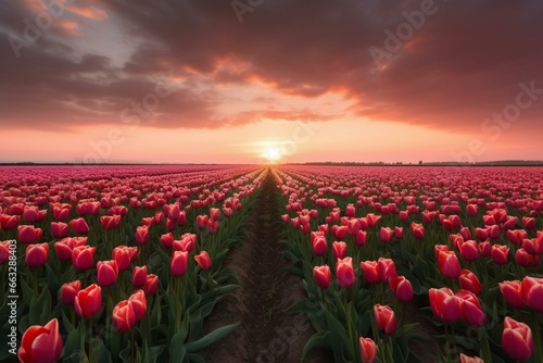 Tulip field with sunset and cloudy sky. Generative AI
