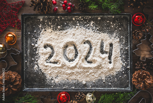 2024 escrito en harina en una bandeja de horno, con adornos navideños. Felicitación año nuevo. photo