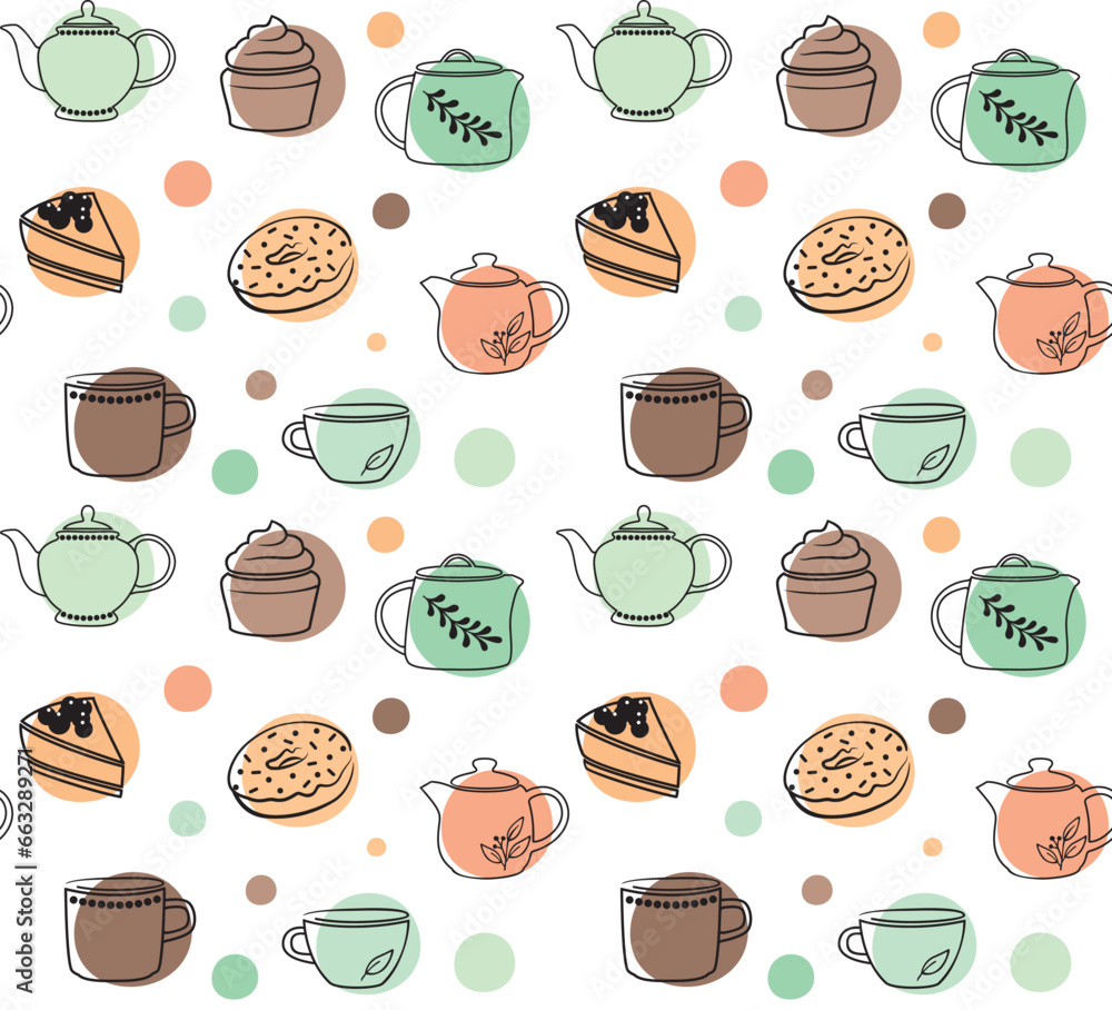 Seamless pattern with sweets, teapots and cups. Vector backdrop in pastel colors Seamless pattern with sweets, teapots and cups. Vector backdrop in pastel colors